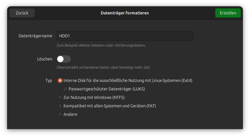 Erstellen eines Dateisystems mit Ubuntu